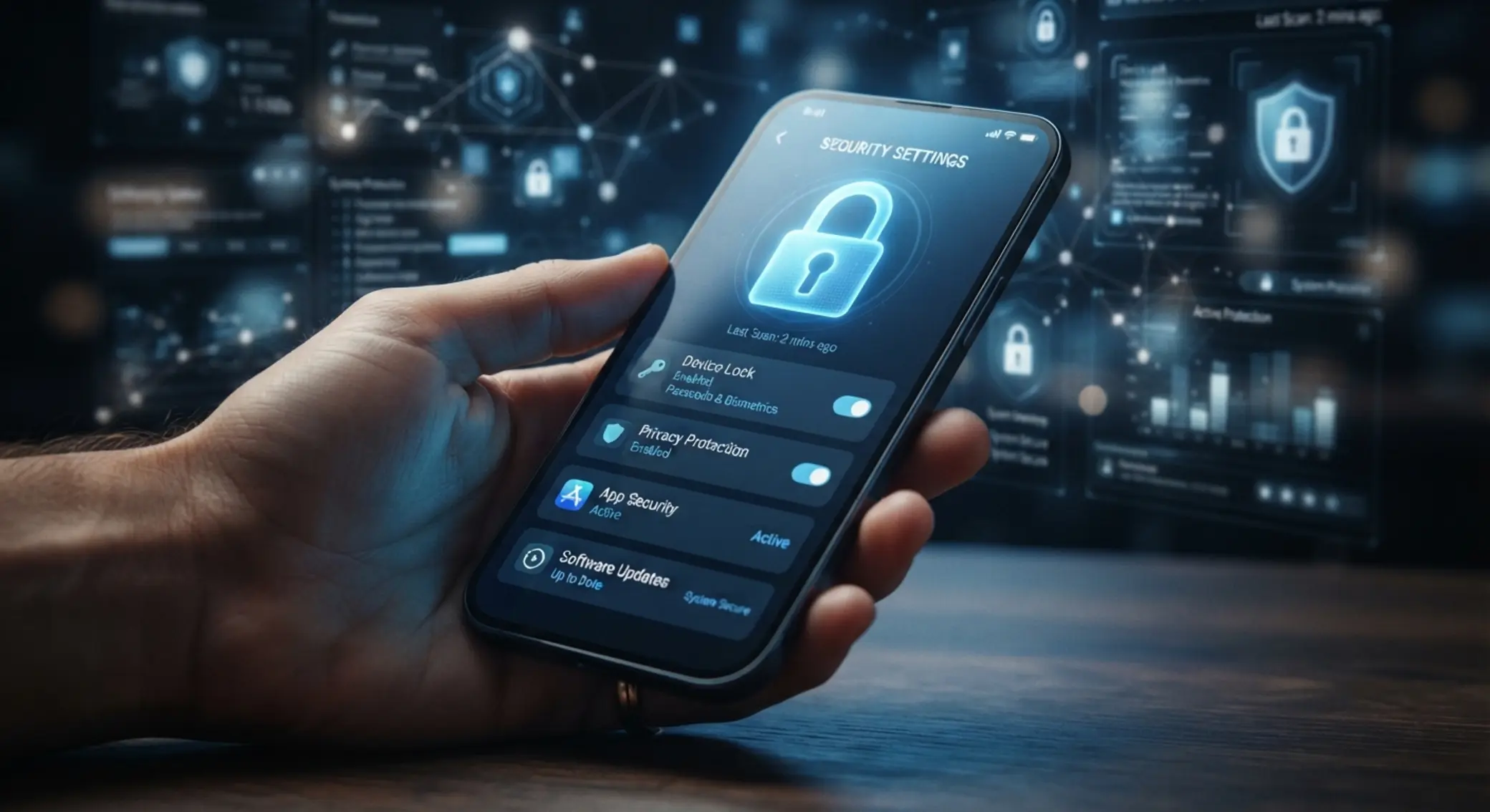 Smartfon z ikoną kłódki i ekranem ustawień bezpieczeństwa