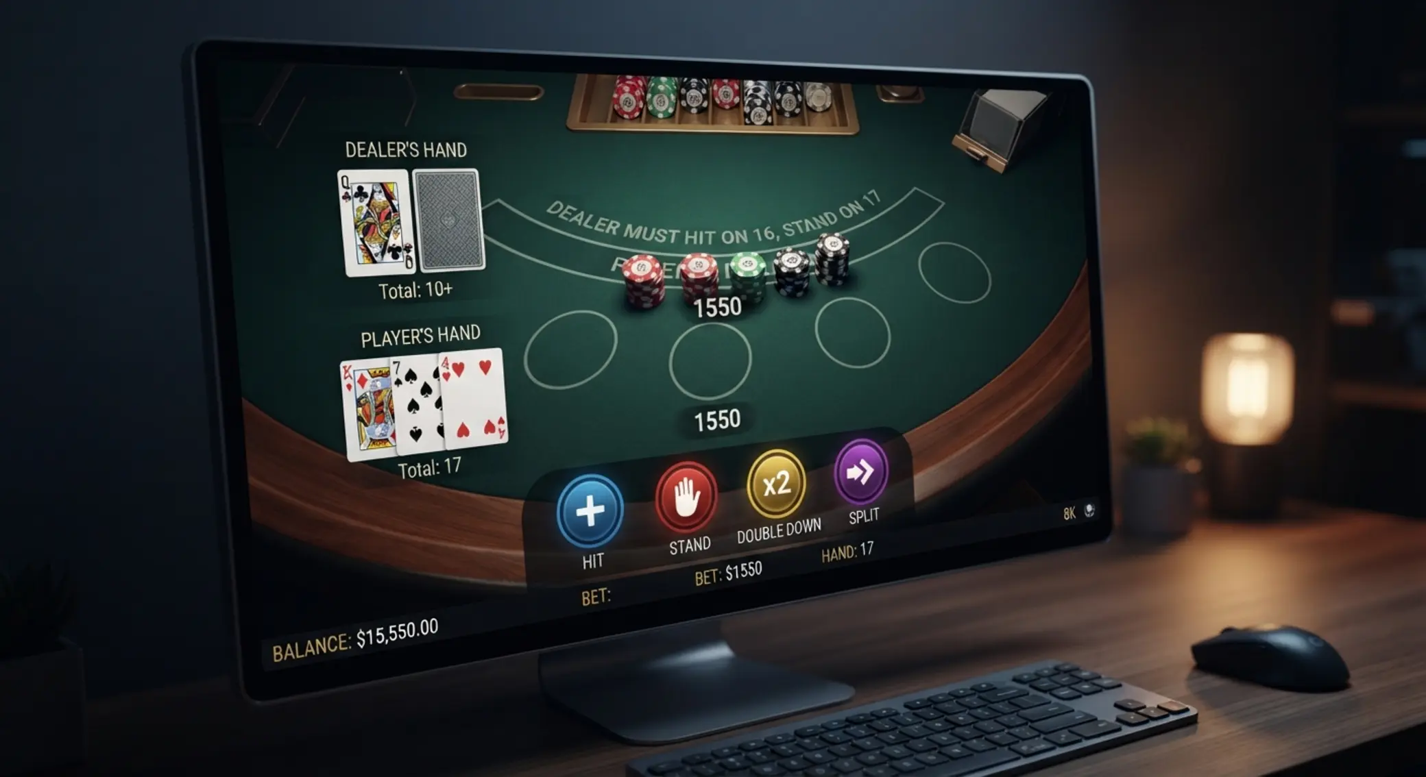Interfejs stołu blackjack online z przyciskami Hit Stand Double Split