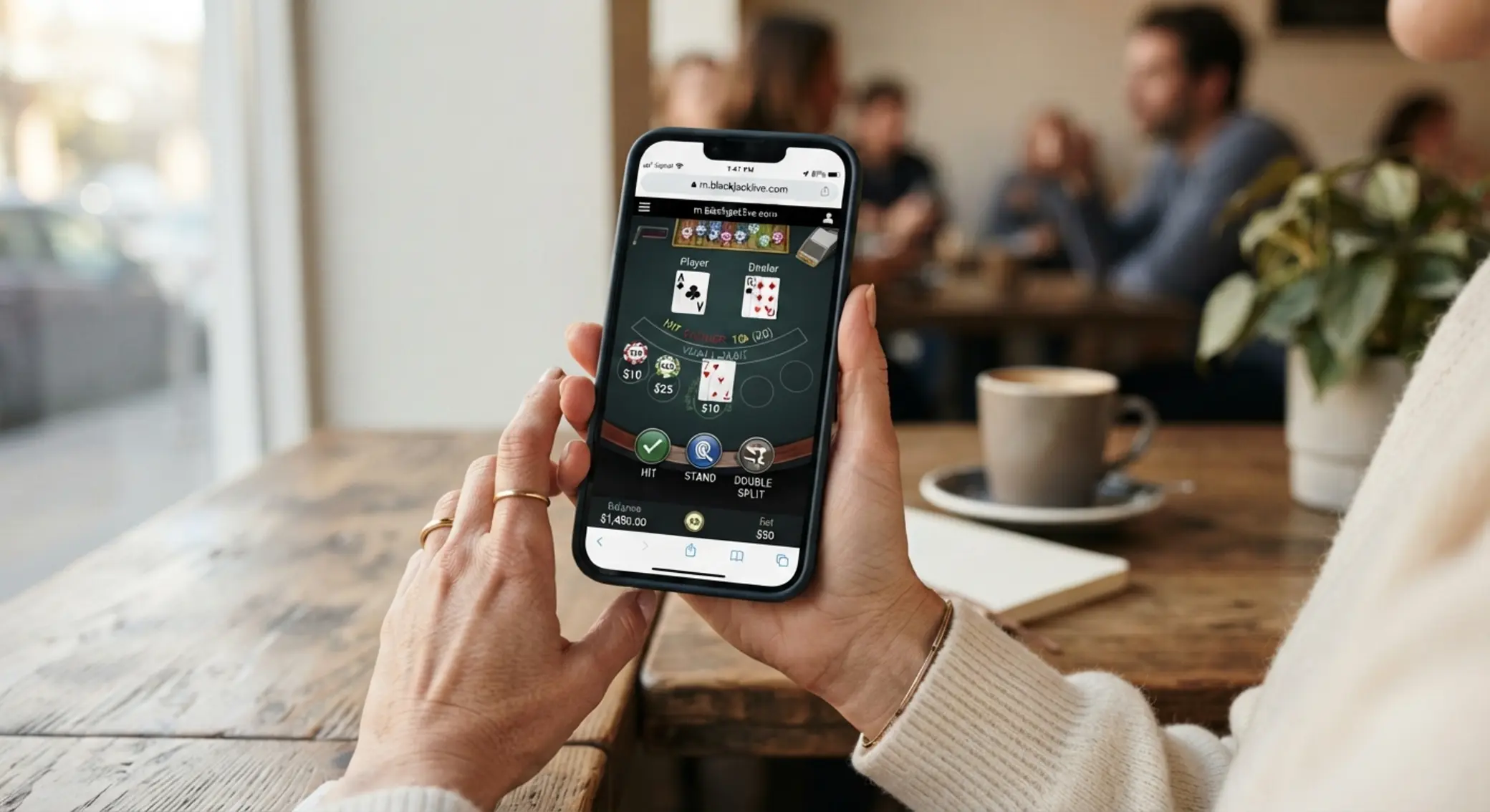 Telefon w dłoni z uruchomionym blackjack online demo