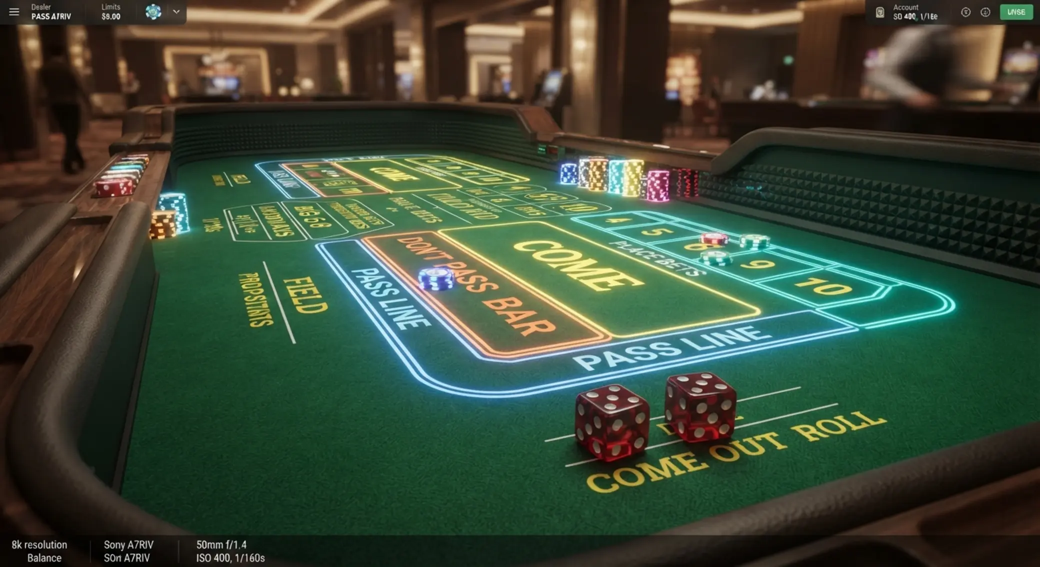 Wirtualny stół do craps z zaznaczonymi podstawowymi polami zakładów