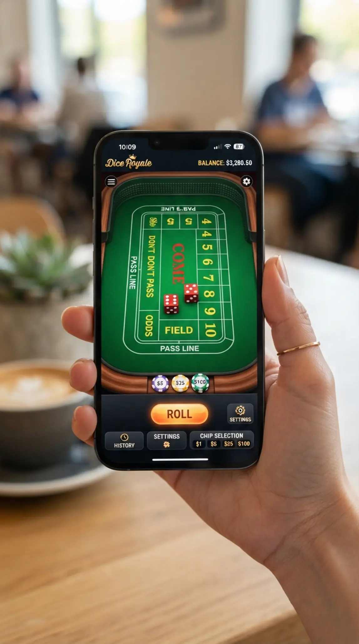 Smartfon z widoczną mobilną wersją gry craps online