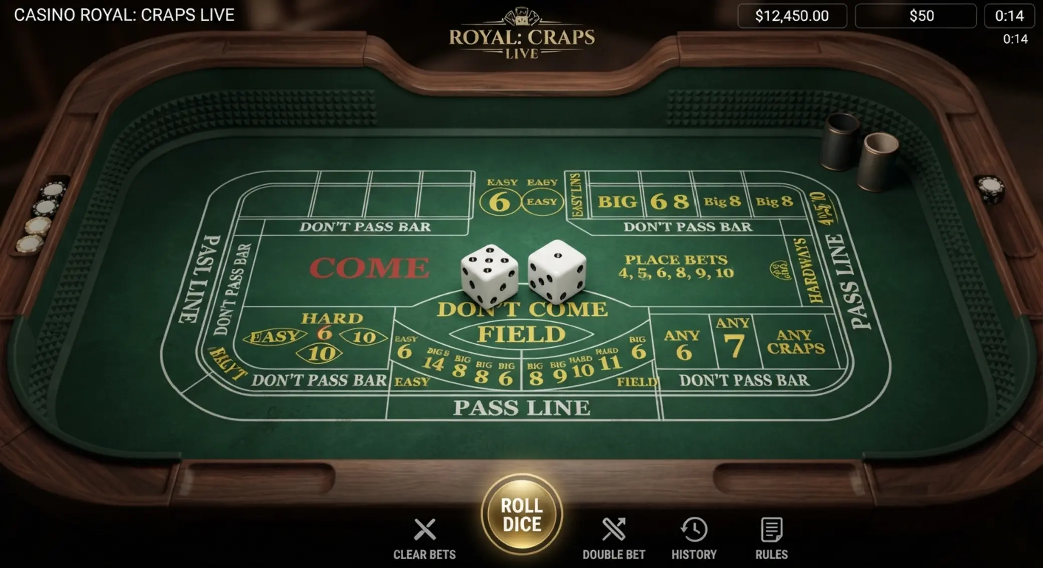 Widok z góry na stół do craps online z kośćmi i polami zakładów