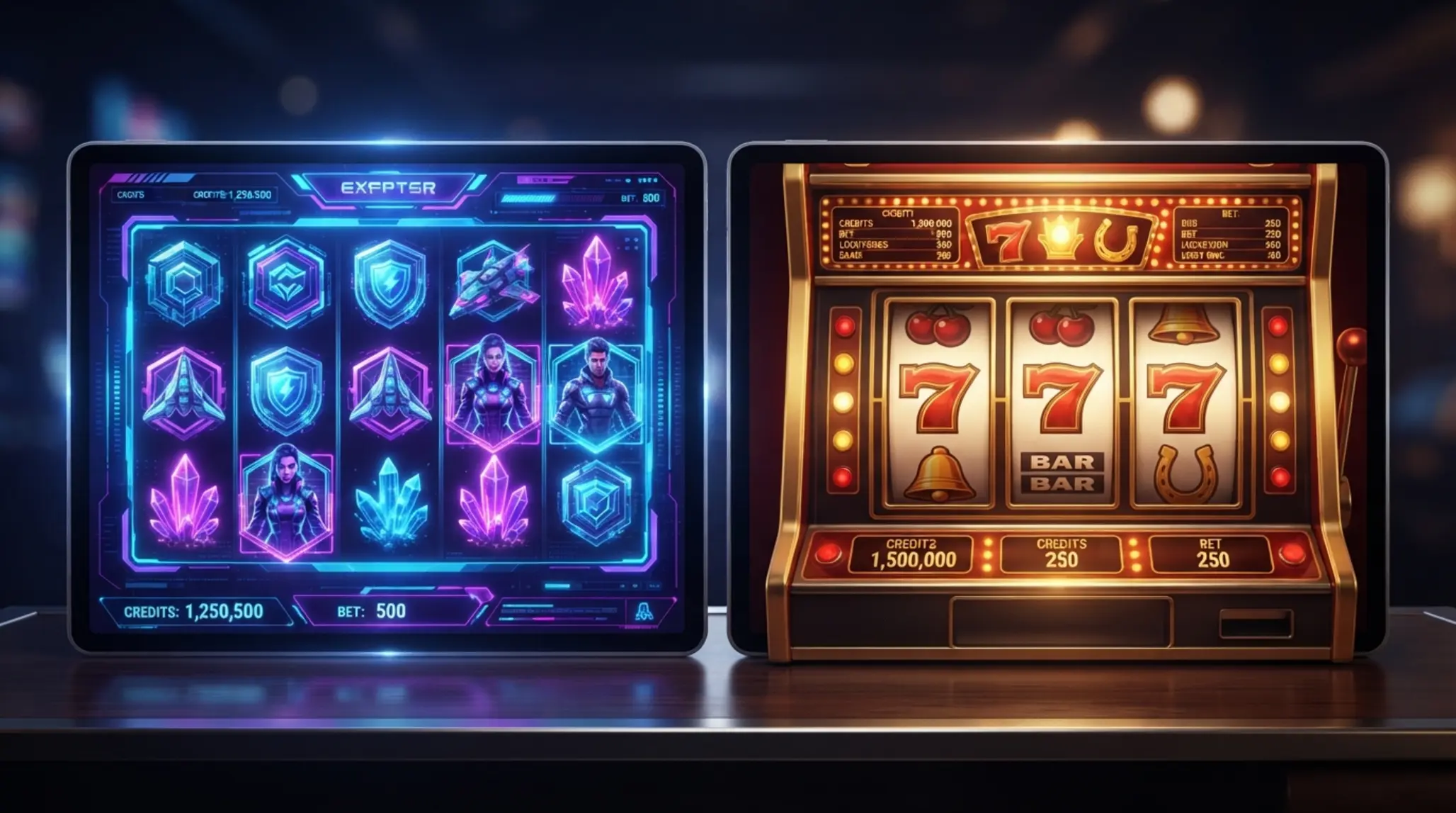 Porównanie stylu slotów GG Bet i Planet Slot Porównanie nowoczesnego i klasycznego stylu slotów online na dwóch ekranach