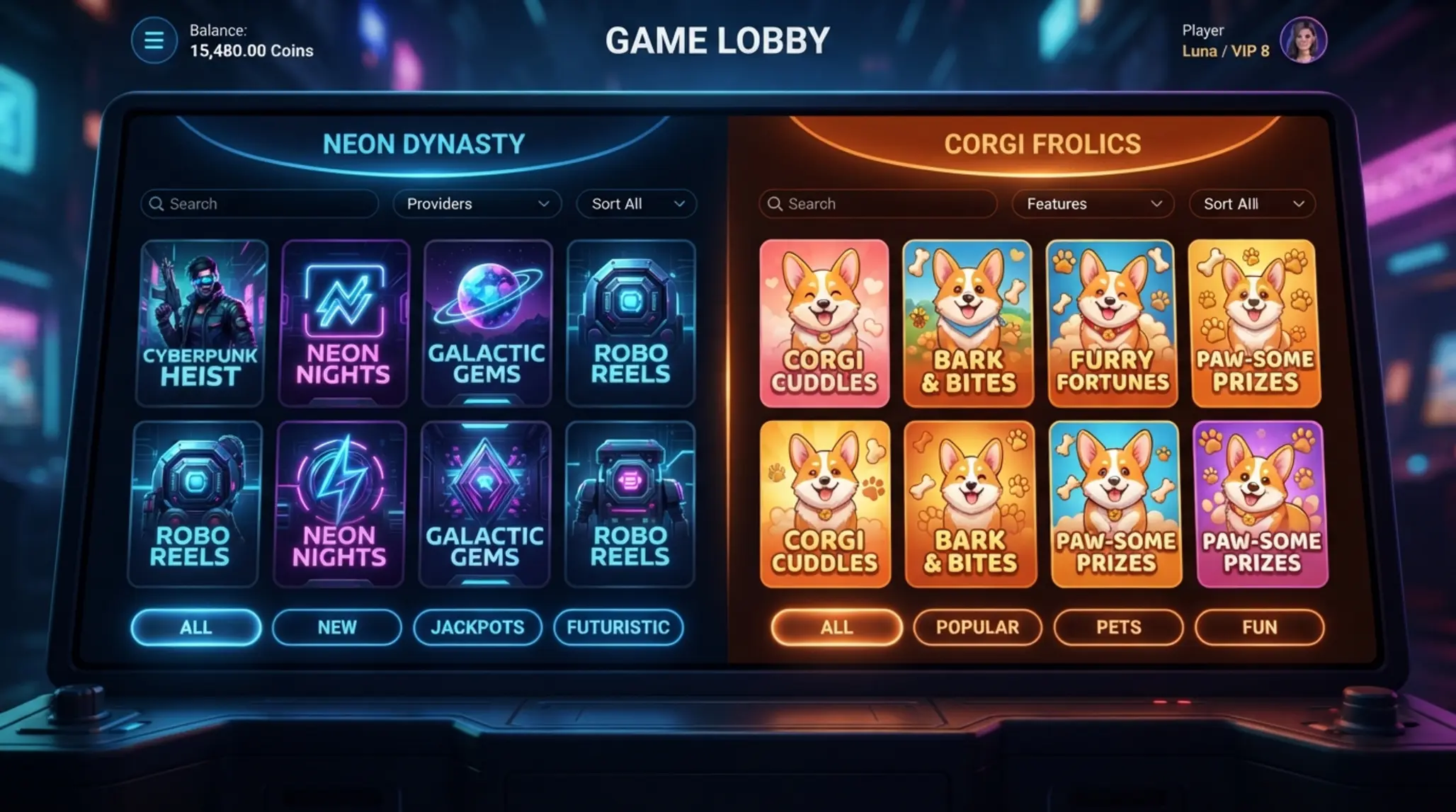 Oferta gier slotowych w dwóch różnych stylach Porównanie lobby slotów w stylu nowoczesnym i corgi