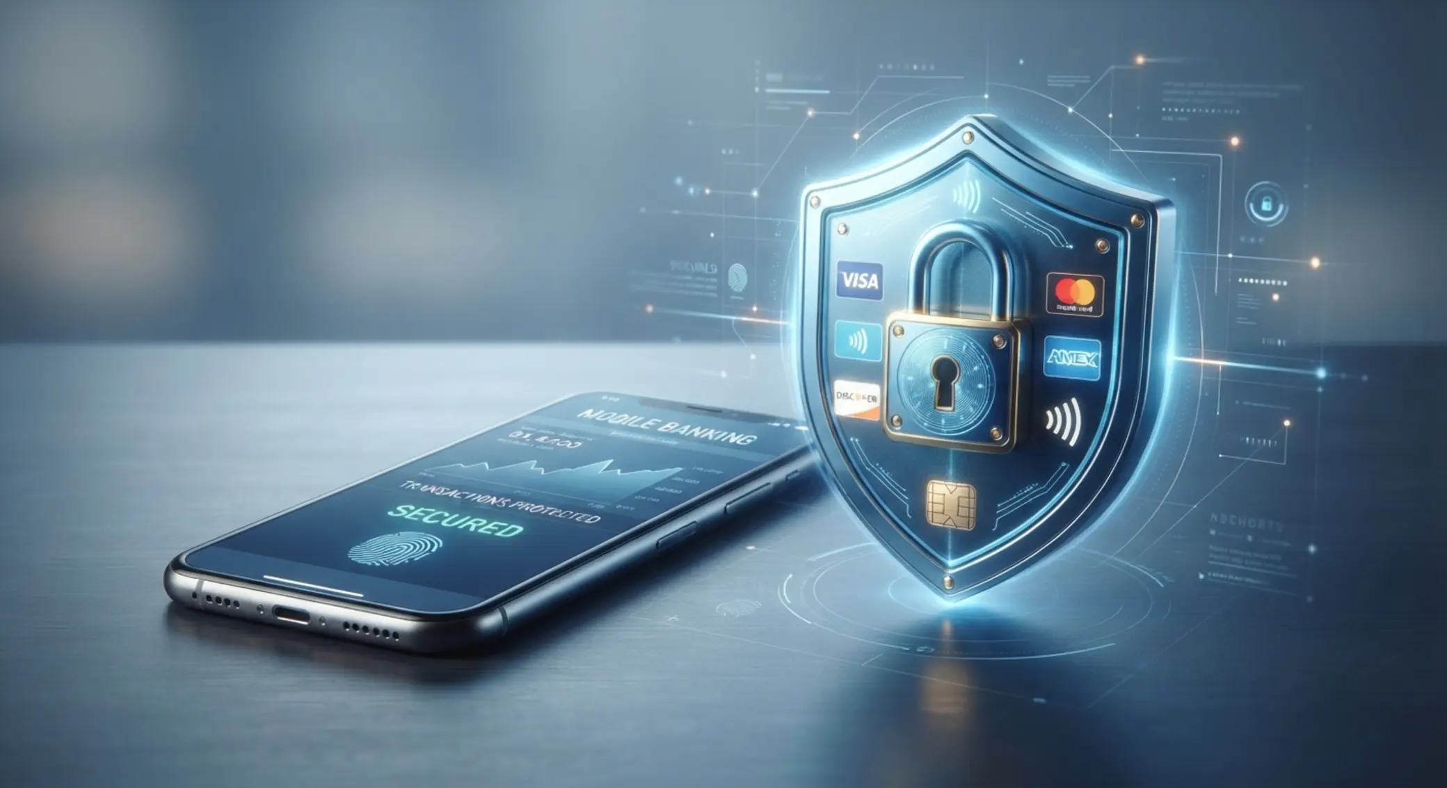 Smartfon z ikoną zabezpieczeń i symbolami płatności mobilnych