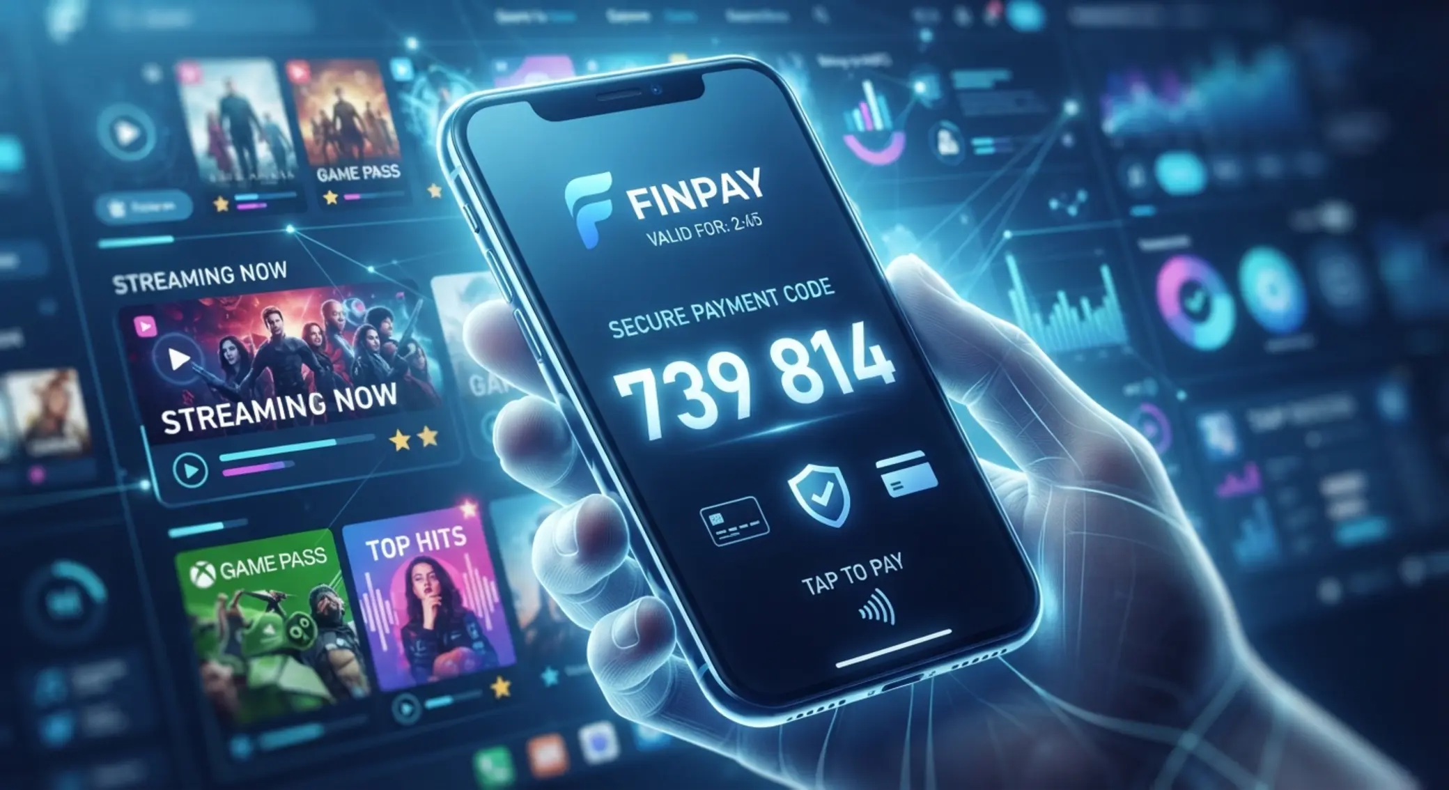 Telefon z kodem płatności mobilnej na tle interfejsu rozrywki online