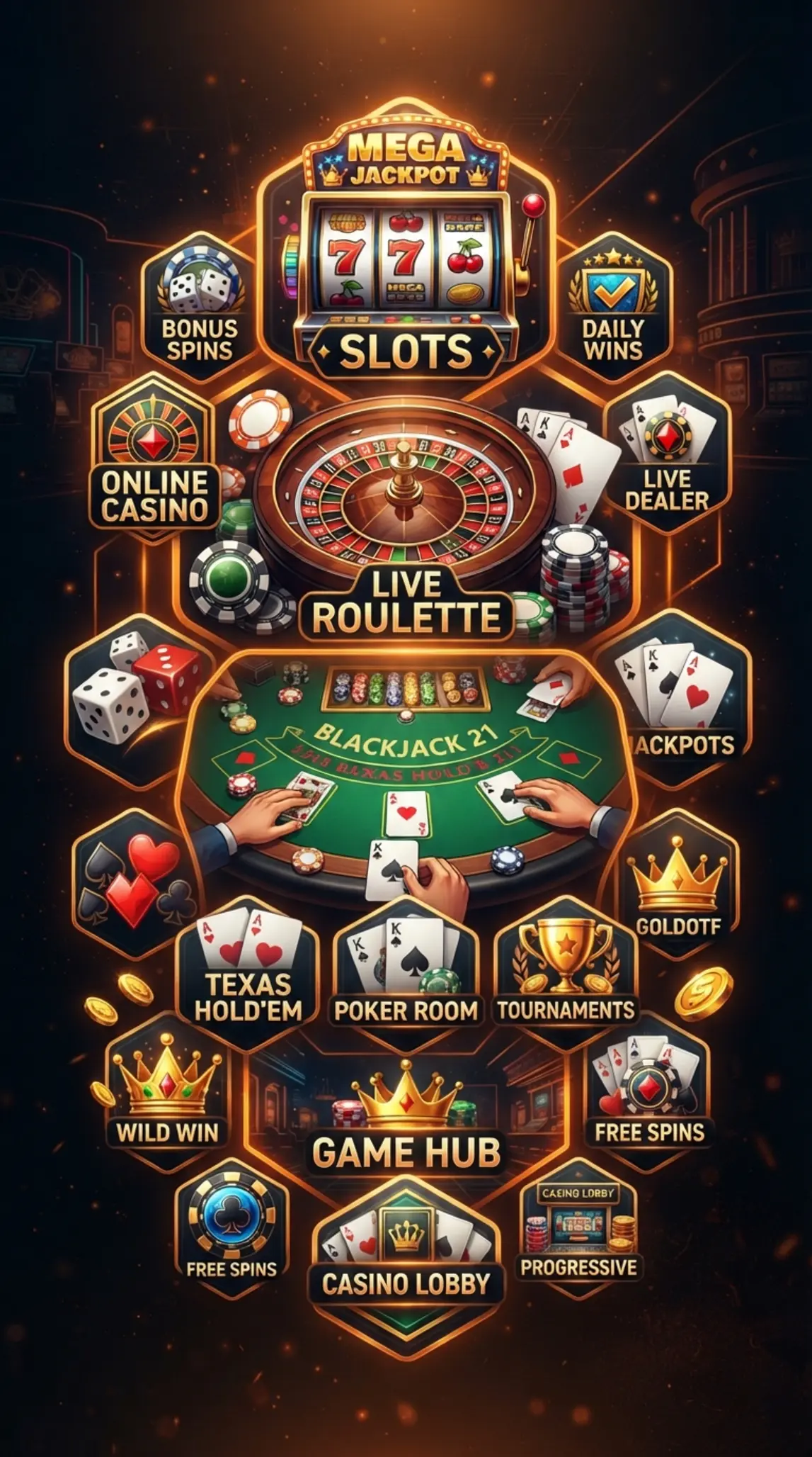 Kolaż symboli gier online: sloty, ruletka i blackjack