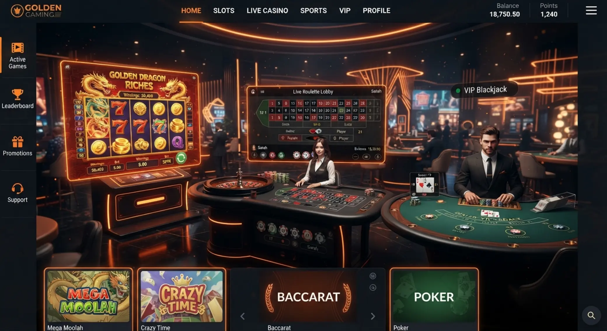Lobby gier online w stylistyce GG.Bet z automatami, ruletką i blackjackiem