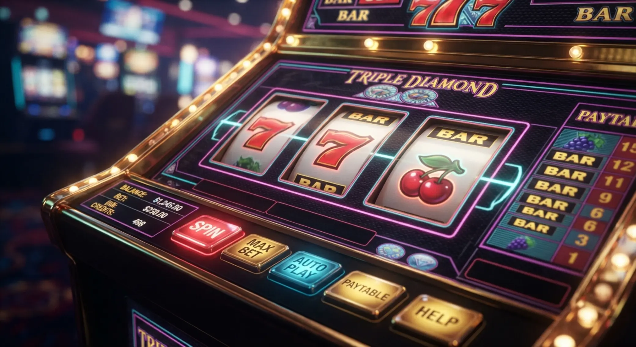 Klasyczny slot 777 z symbolami 7, BAR i owocami