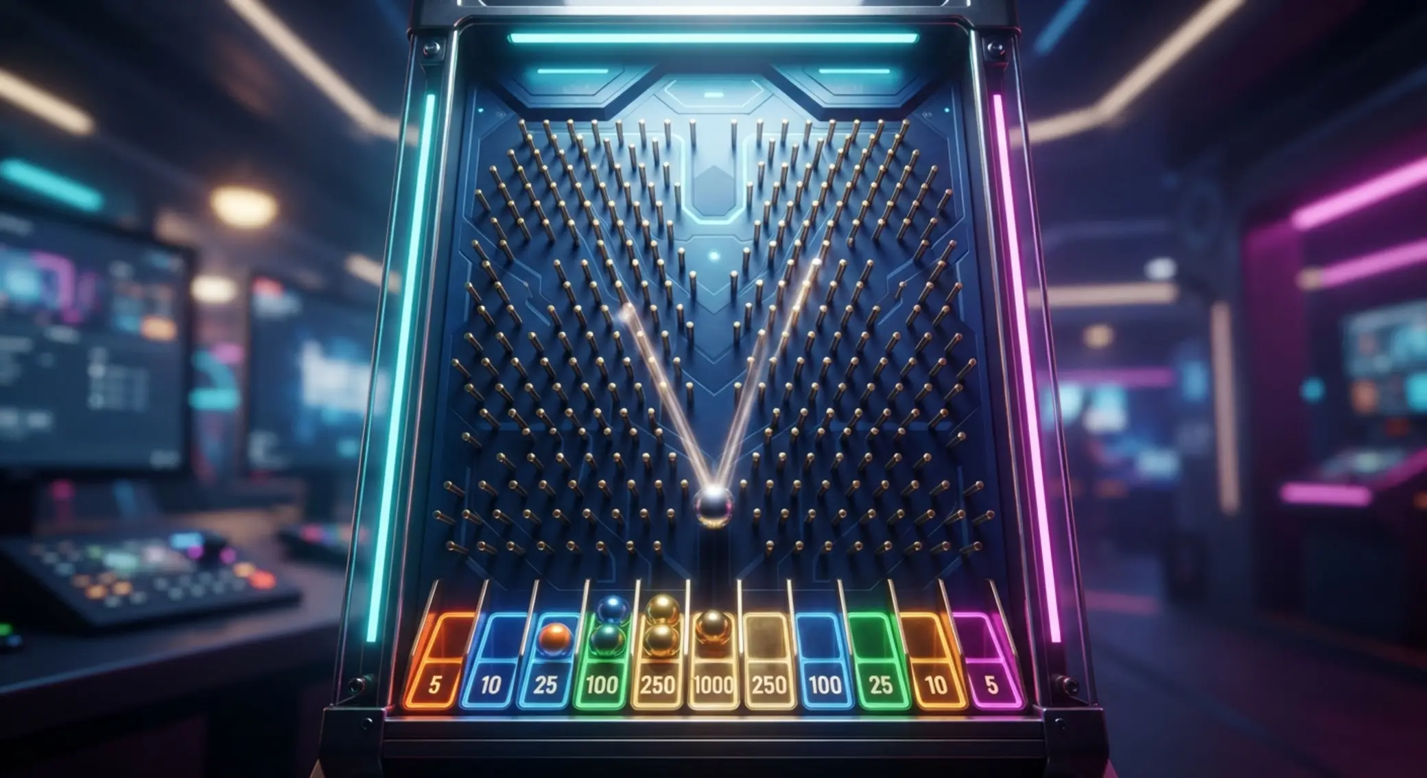 Ogólna plansza Plinko ze spadającą kulką i polami wyników