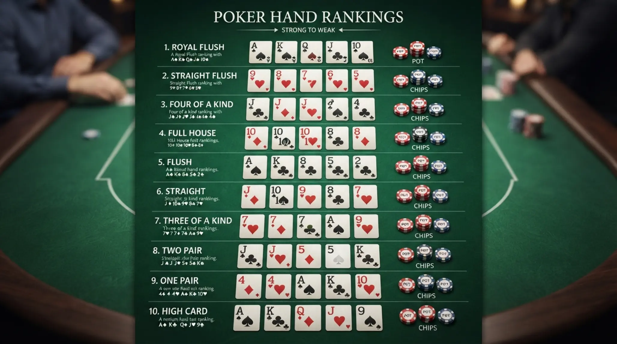 Ranking układów pokerowych Układy kart w pokerze na zielonym stole