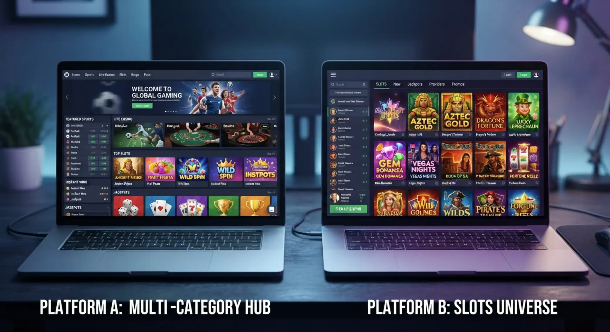 Porównanie interfejsu GGBet i Slot Hunter Dwa ekrany platform online obok siebie z naciskiem na sloty i interfejs