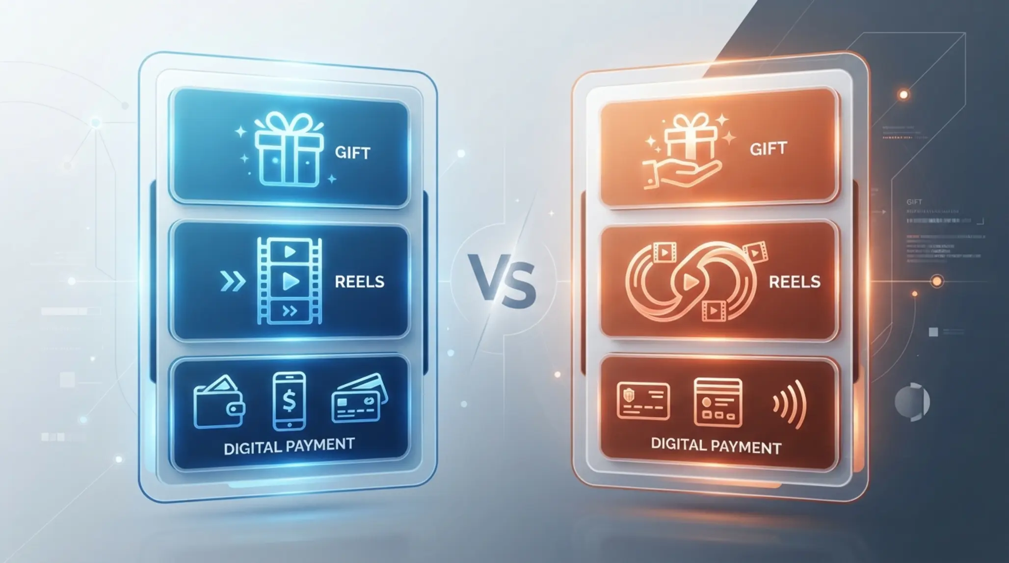 Porównanie ofert dwóch platform online Grafika porównawcza versus z ikonami bonusów, slotów i płatności